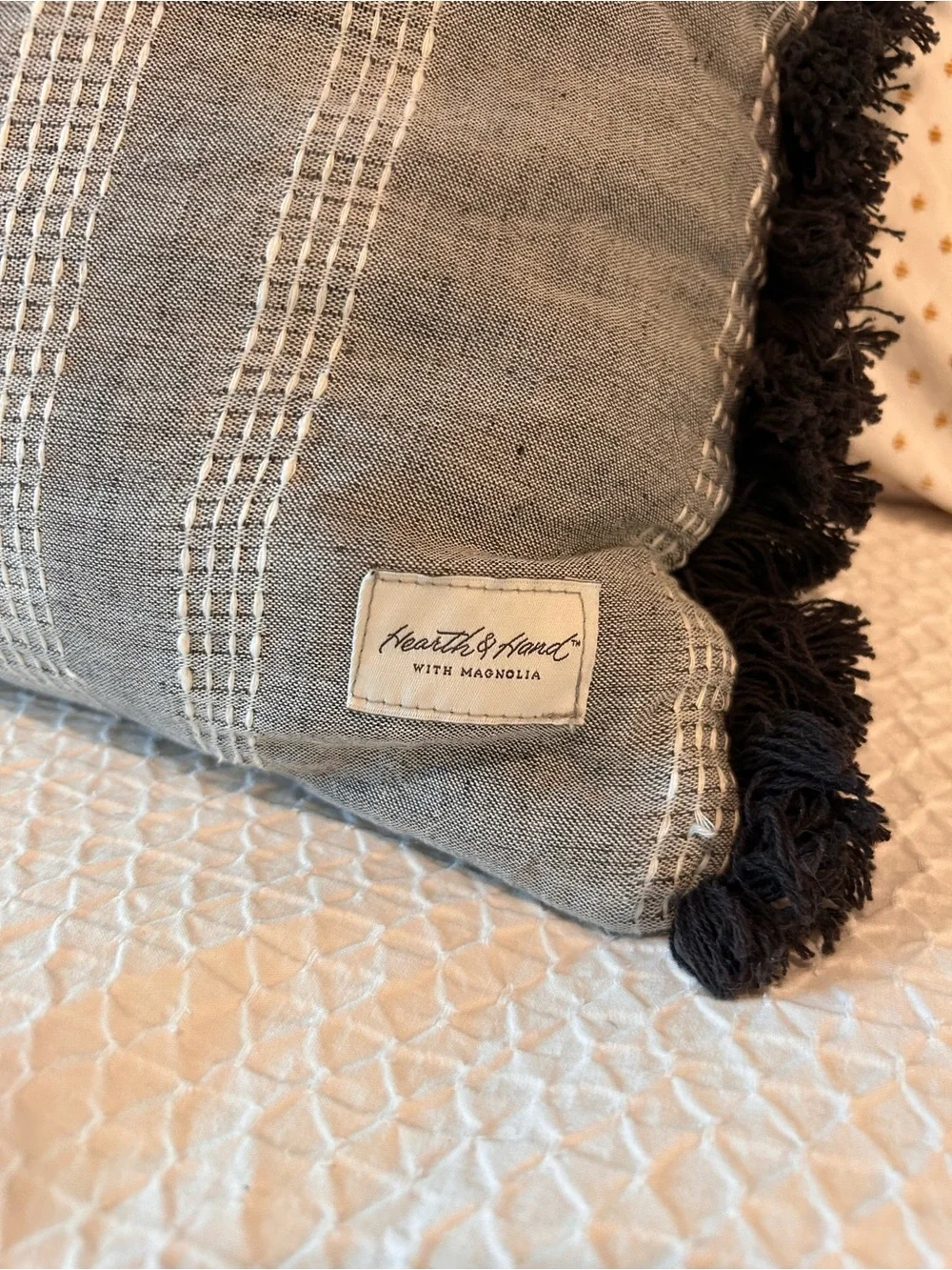 Hearth & Hand Gray Striped Lumbar Pillow with Black Fringe 41”x15” Bed Decor